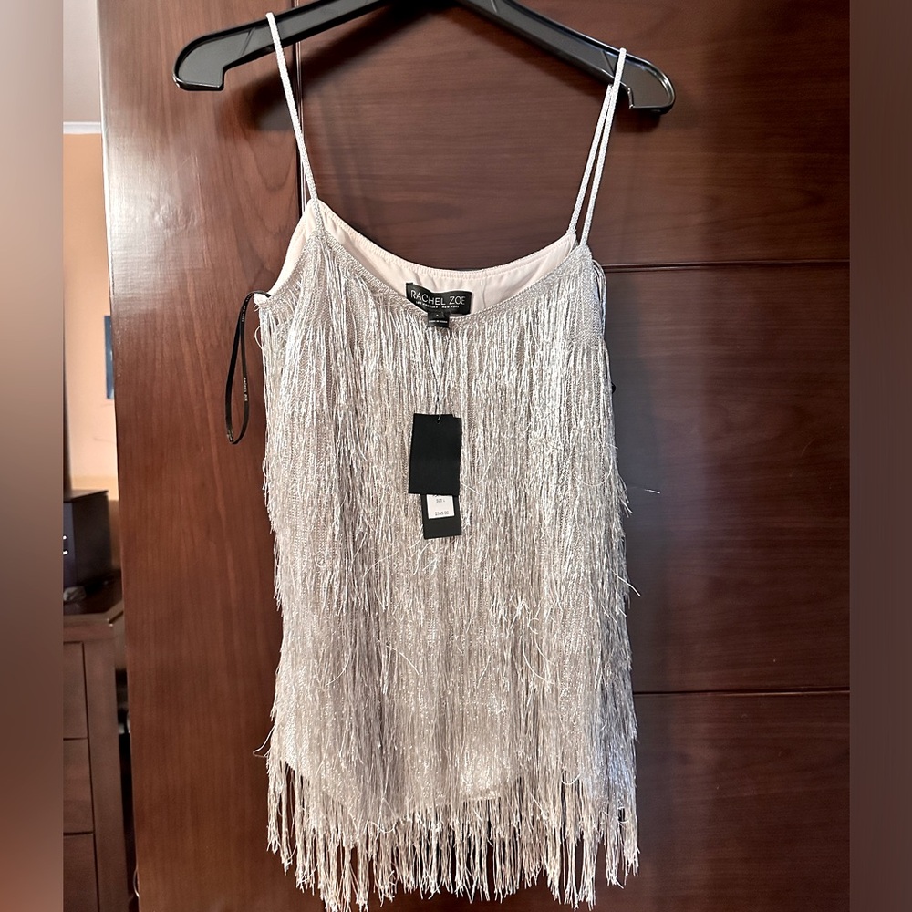 Rachel Zoe silver fringed tank top